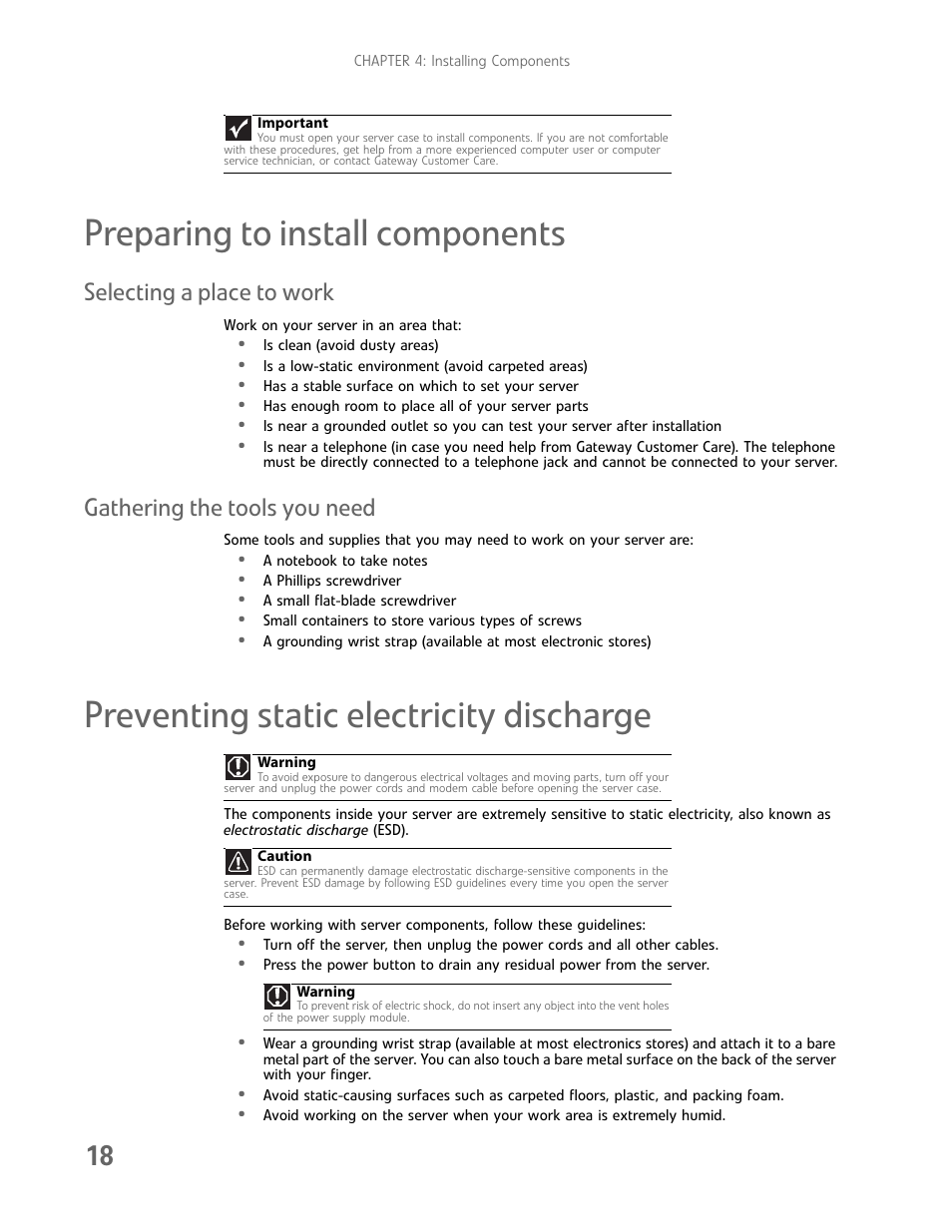 Preparing to install components, Selecting a place to work, Gathering the tools you need | Preventing static electricity discharge | Gateway E-9232T User Manual | Page 24 / 96
