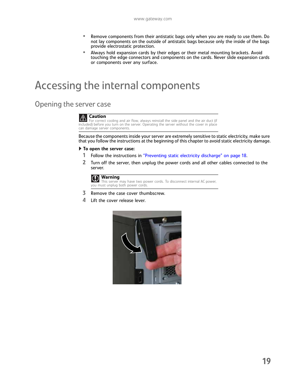 Accessing the internal components, Opening the server case | Gateway E-9232T User Manual | Page 25 / 96