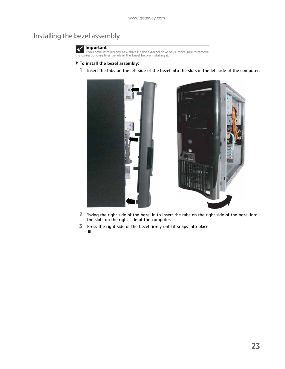 Installing the bezel assembly | Gateway E-9232T User Manual | Page 29 / 96