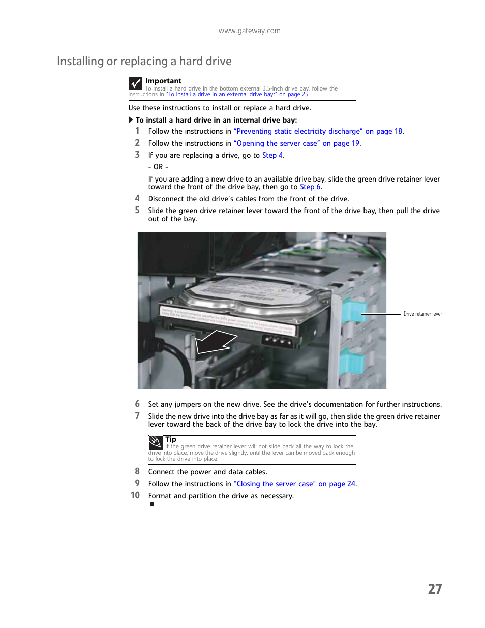 Installing or replacing a hard drive | Gateway E-9232T User Manual | Page 33 / 96