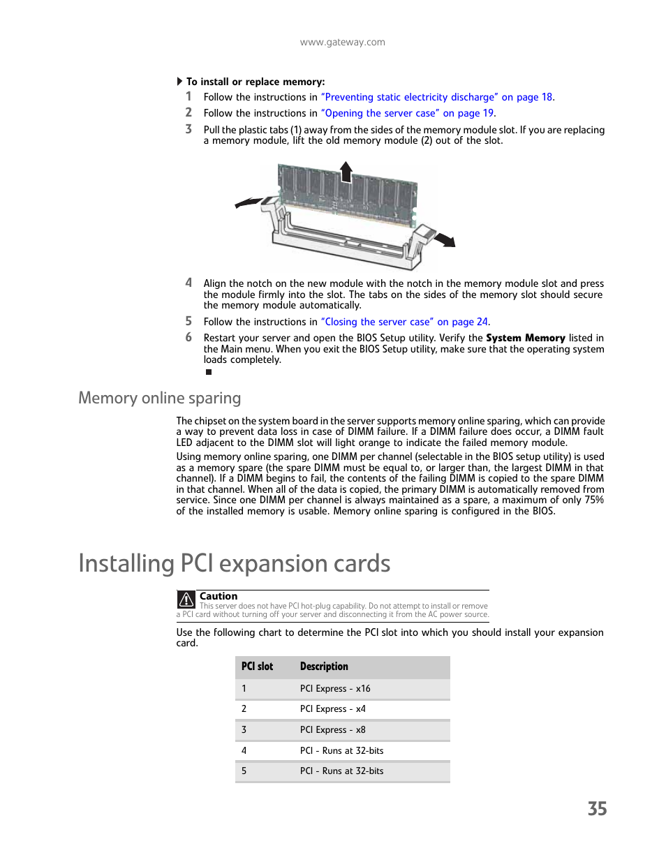 Memory online sparing, Installing pci expansion cards | Gateway E-9232T User Manual | Page 41 / 96