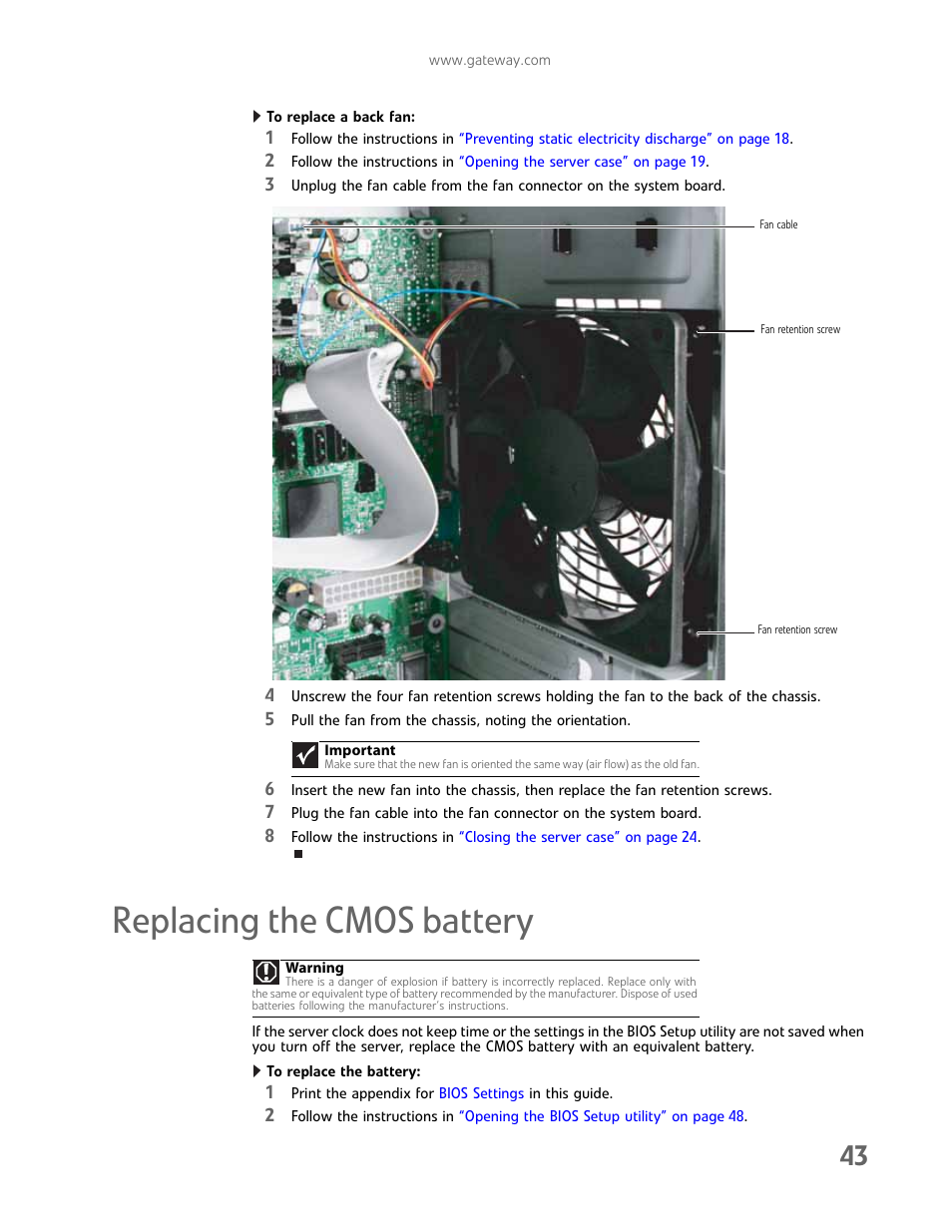 Replacing the cmos battery | Gateway E-9232T User Manual | Page 49 / 96