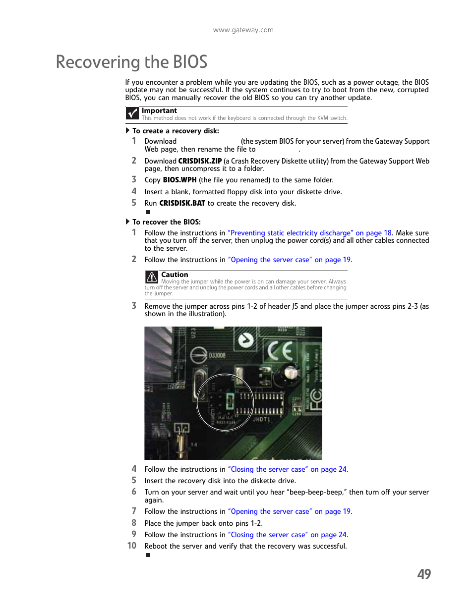 Recovering the bios | Gateway E-9232T User Manual | Page 55 / 96