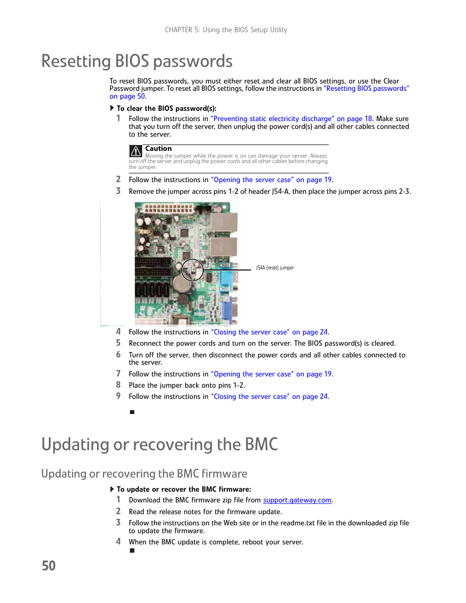 Resetting bios passwords, Updating or recovering the bmc, Updating or recovering the bmc firmware | Gateway E-9232T User Manual | Page 56 / 96