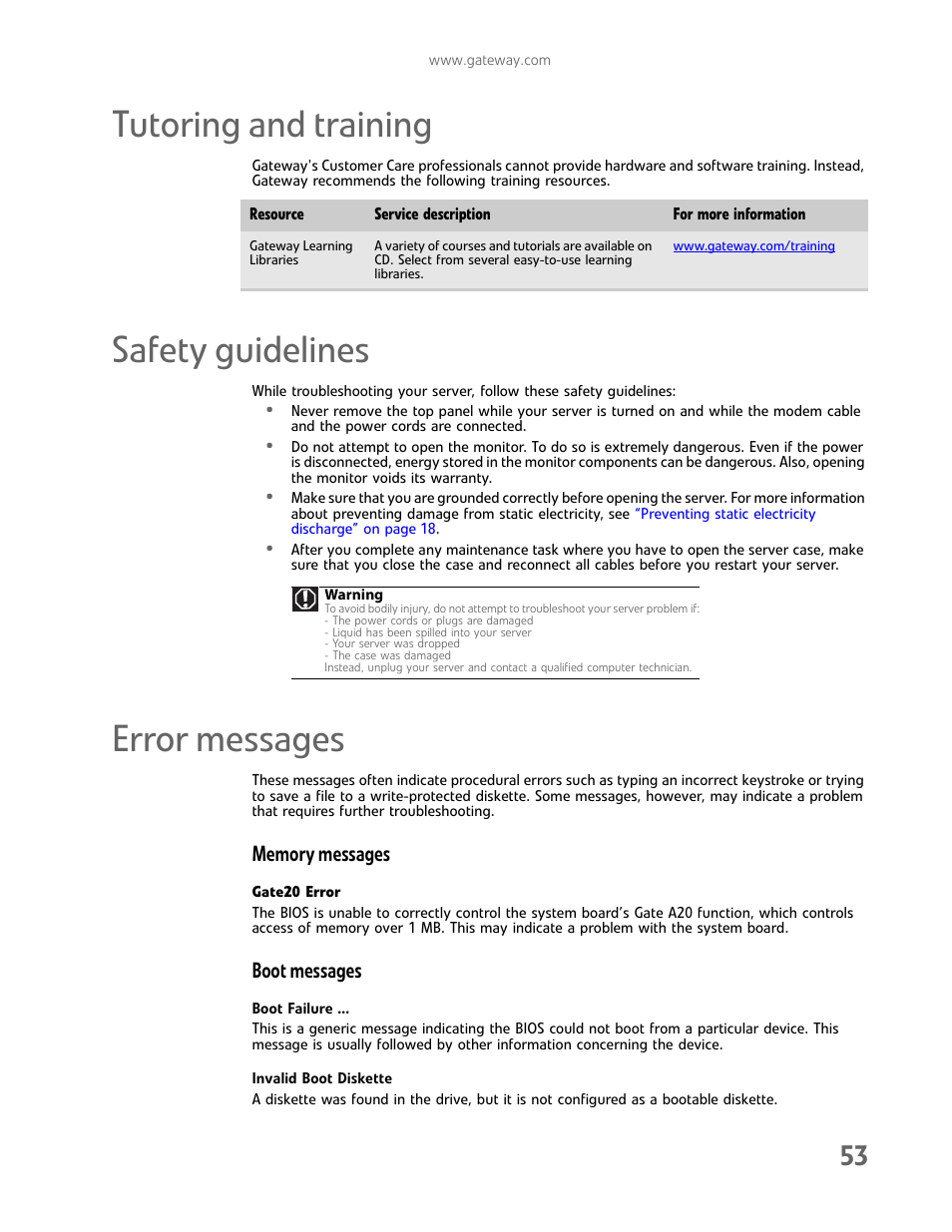 Tutoring and training, Safety guidelines, Error messages | Memory messages, Boot messages | Gateway E-9232T User Manual | Page 59 / 96