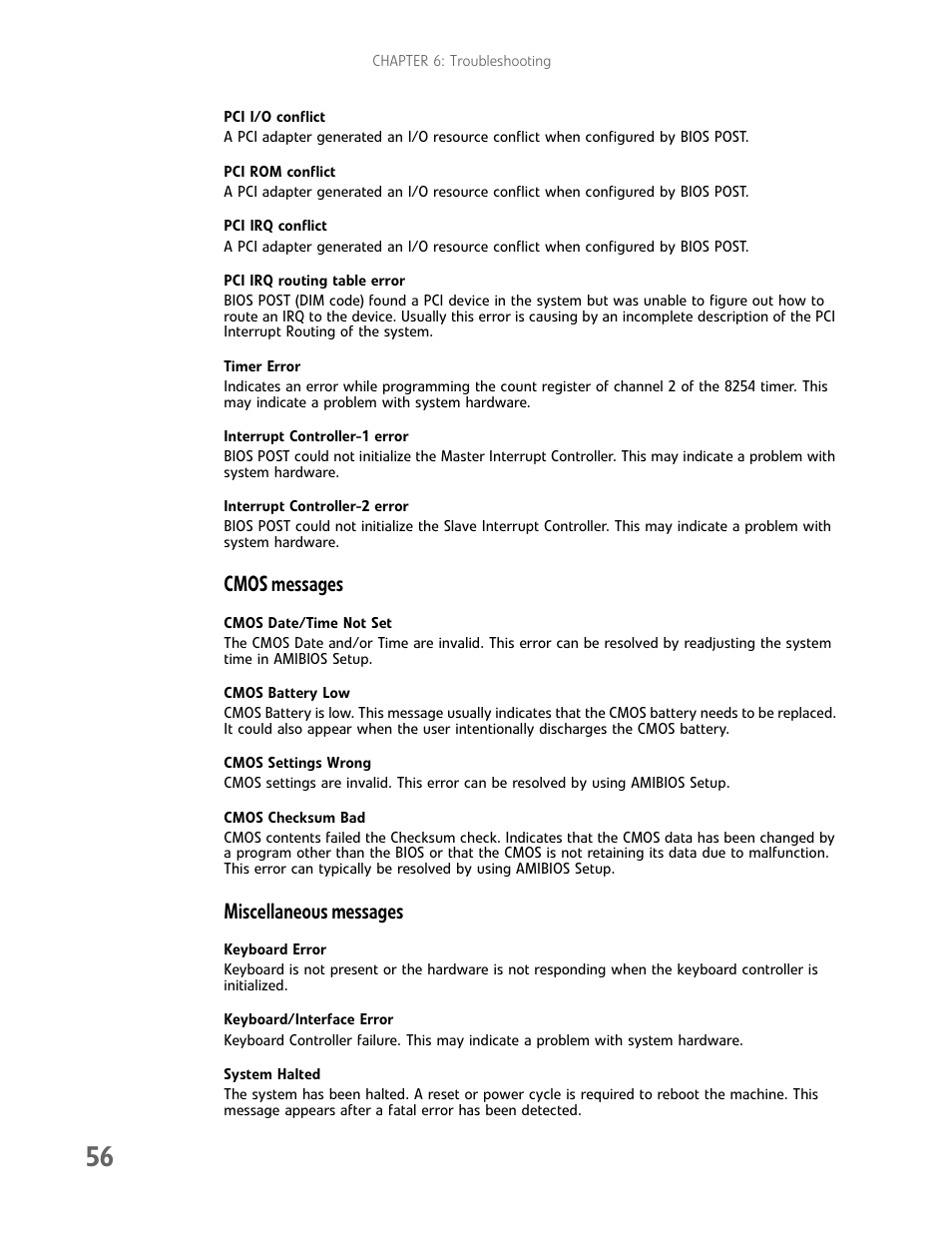 Cmos messages, Miscellaneous messages | Gateway E-9232T User Manual | Page 62 / 96