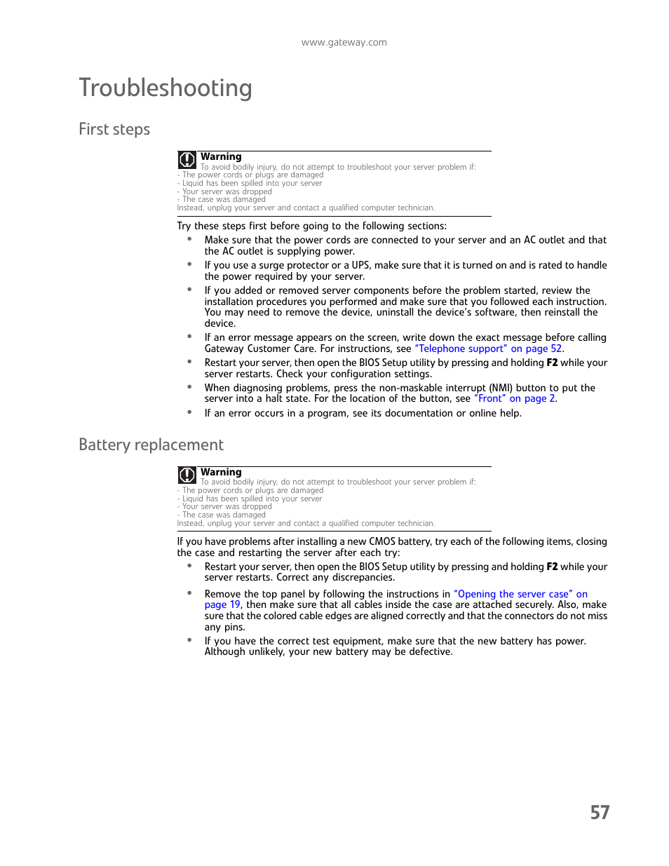 Troubleshooting, First steps, Battery replacement | First steps battery replacement | Gateway E-9232T User Manual | Page 63 / 96