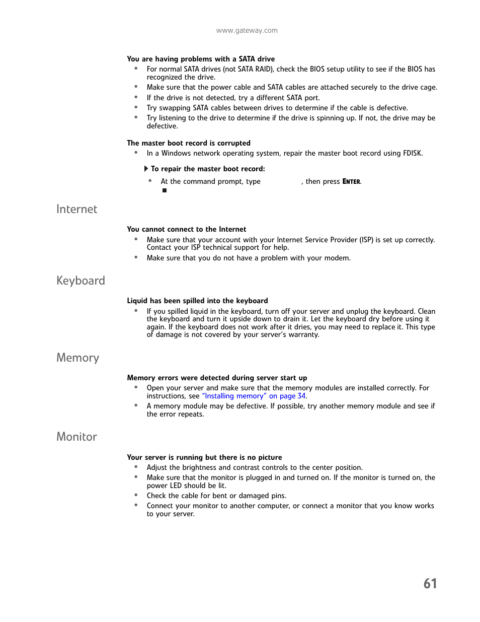 Internet, Keyboard, Memory | Monitor, Internet keyboard memory monitor | Gateway E-9232T User Manual | Page 67 / 96