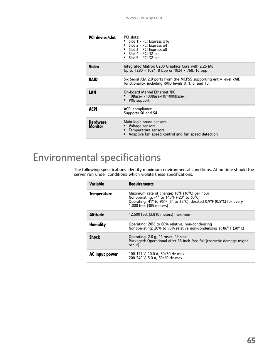 Environmental specifications | Gateway E-9232T User Manual | Page 71 / 96