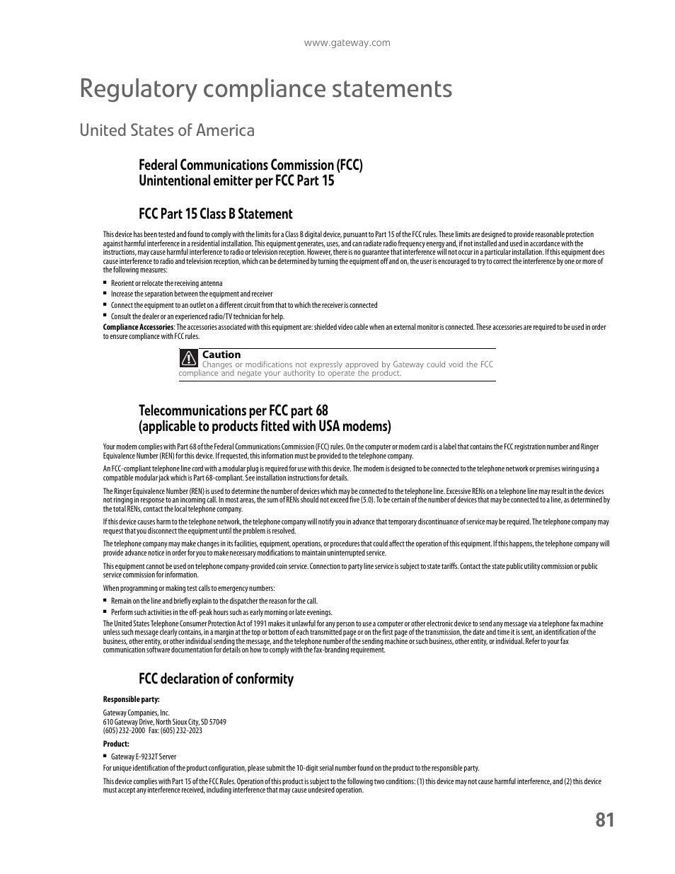 Regulatory compliance statements, United states of america, Fcc declaration of conformity | Gateway E-9232T User Manual | Page 87 / 96