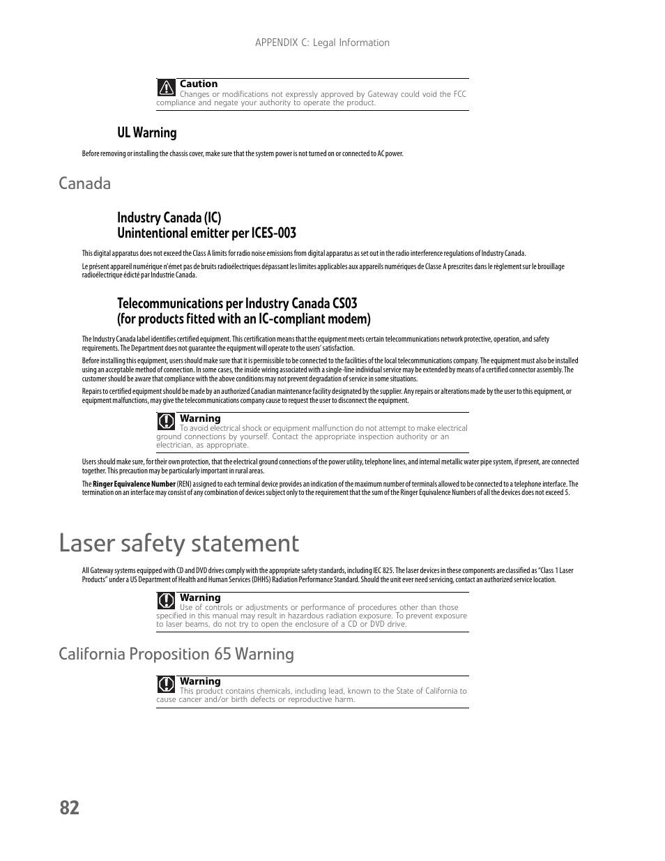 Laser safety statement, Canada, California proposition 65 warning | Ul warning | Gateway E-9232T User Manual | Page 88 / 96