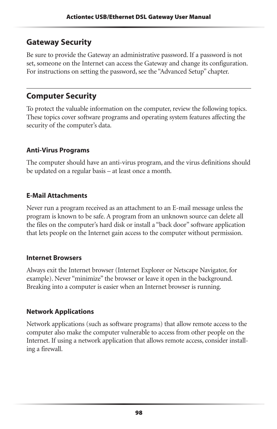 Gateway security, Computer security, 98 computer security | Gateway GT704 User Manual | Page 101 / 119