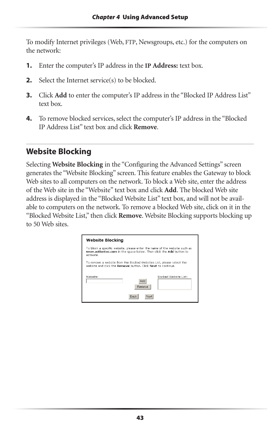 Website blocking | Gateway GT704 User Manual | Page 46 / 119