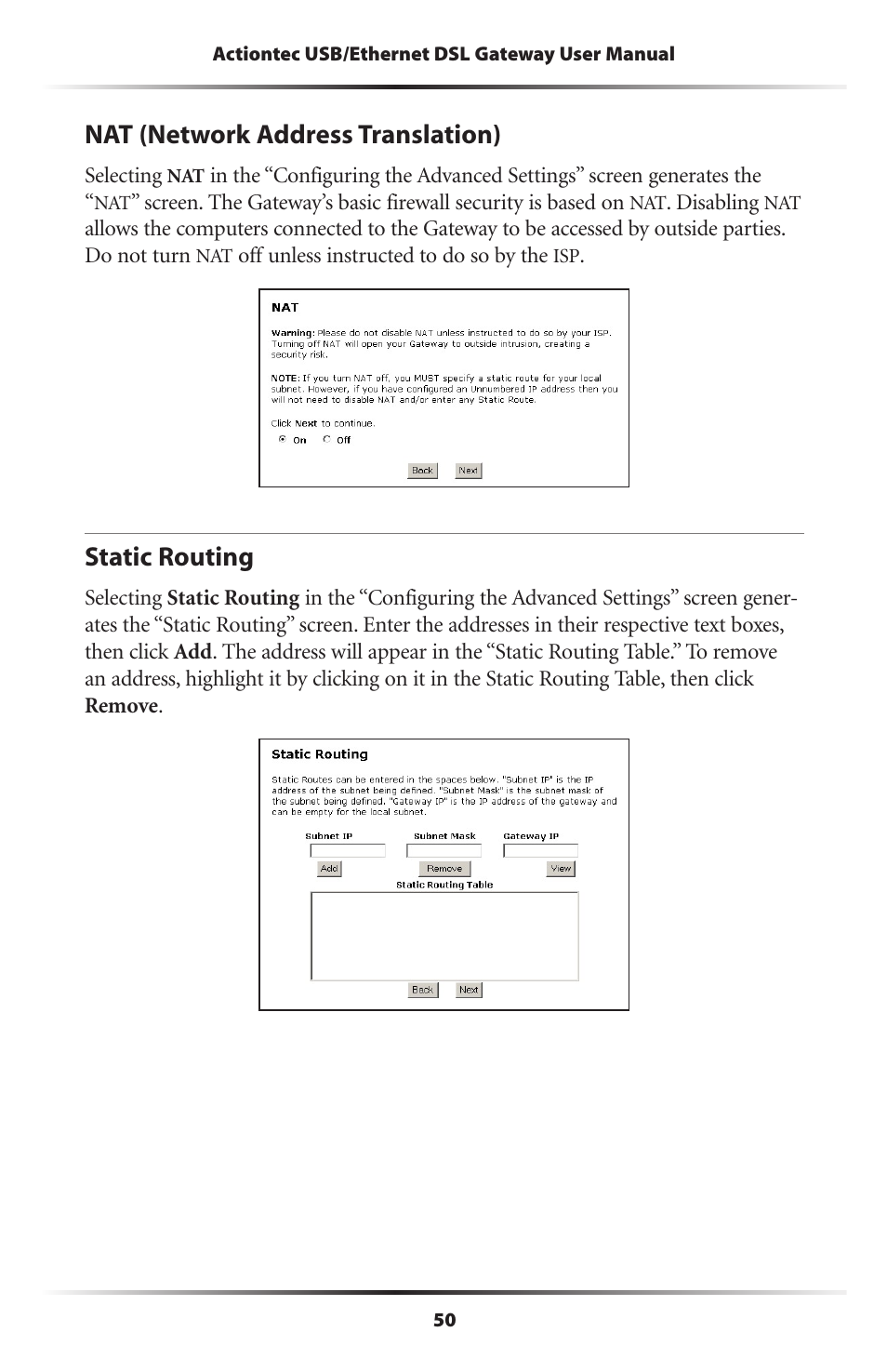 Nat (network address translation), Static routing, 50 static routing | Gateway GT704 User Manual | Page 53 / 119