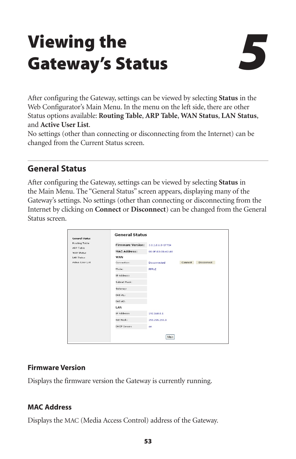 Viewing the gateway’s status, General status | Gateway GT704 User Manual | Page 56 / 119