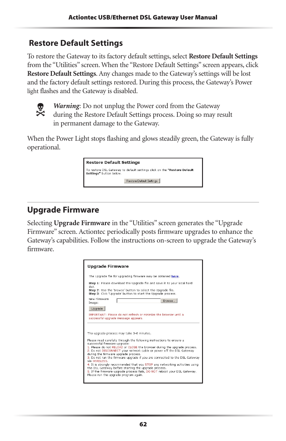 Restore default settings, Upgrade firmware, 62 upgrade firmware | Gateway GT704 User Manual | Page 65 / 119