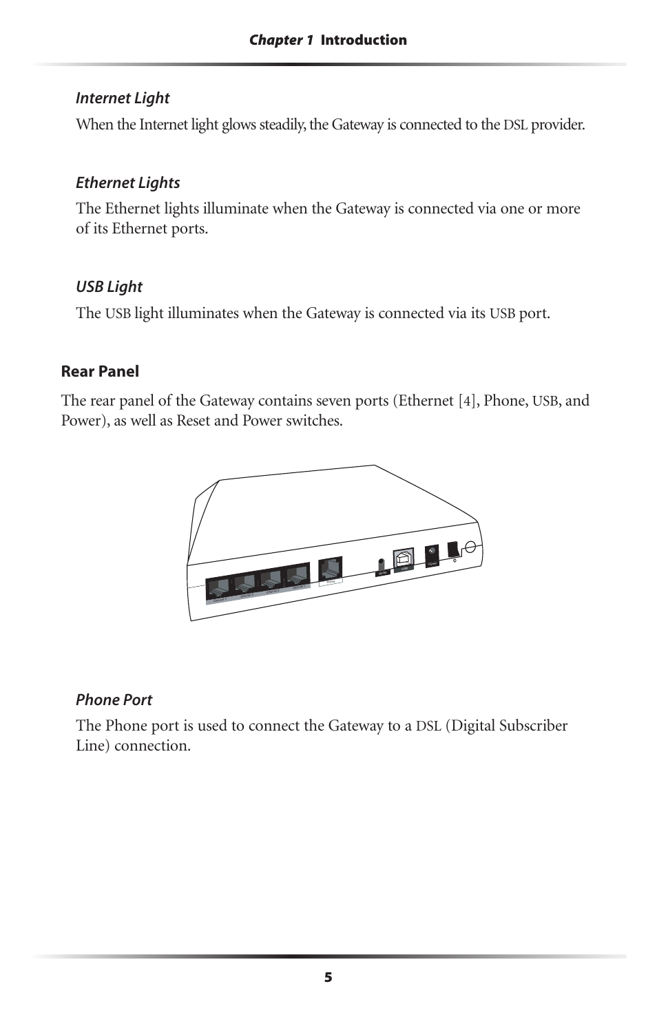 Phone, And power), as well as reset and power switches, Digital subscriber line) connection | Gateway GT704 User Manual | Page 8 / 119