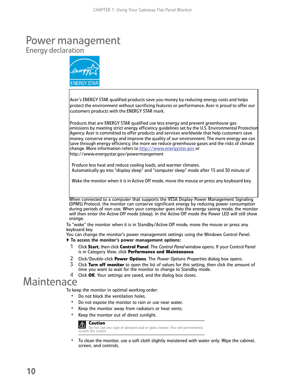 Power management, Energy declaration, To access the monitor’s power management options | Maintenace | Gateway FHX2300 User Manual | Page 14 / 26