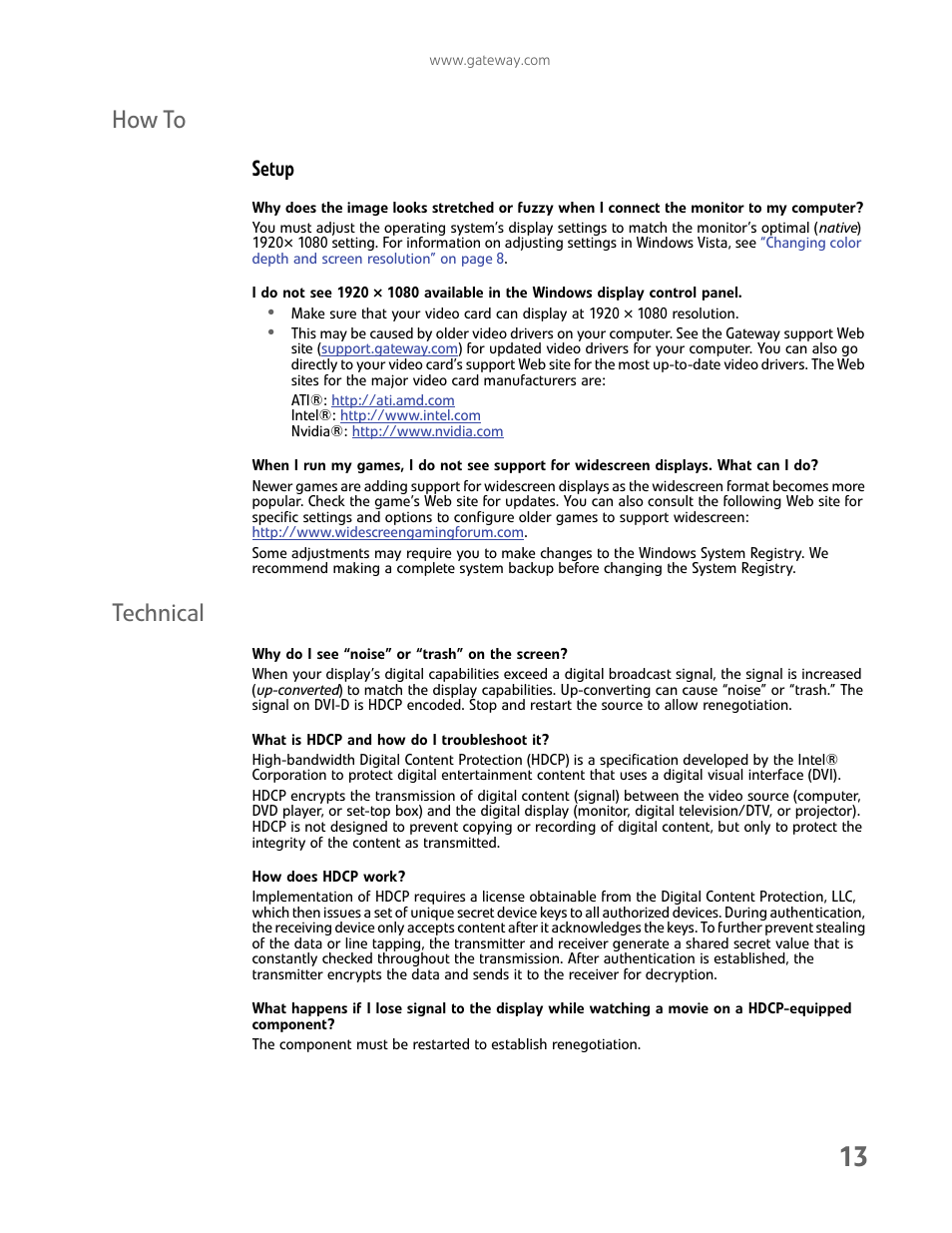 How to, Setup, Technical | Why do i see “noise” or “trash” on the screen, What is hdcp and how do i troubleshoot it, How does hdcp work, How to technical | Gateway FHX2300 User Manual | Page 17 / 26