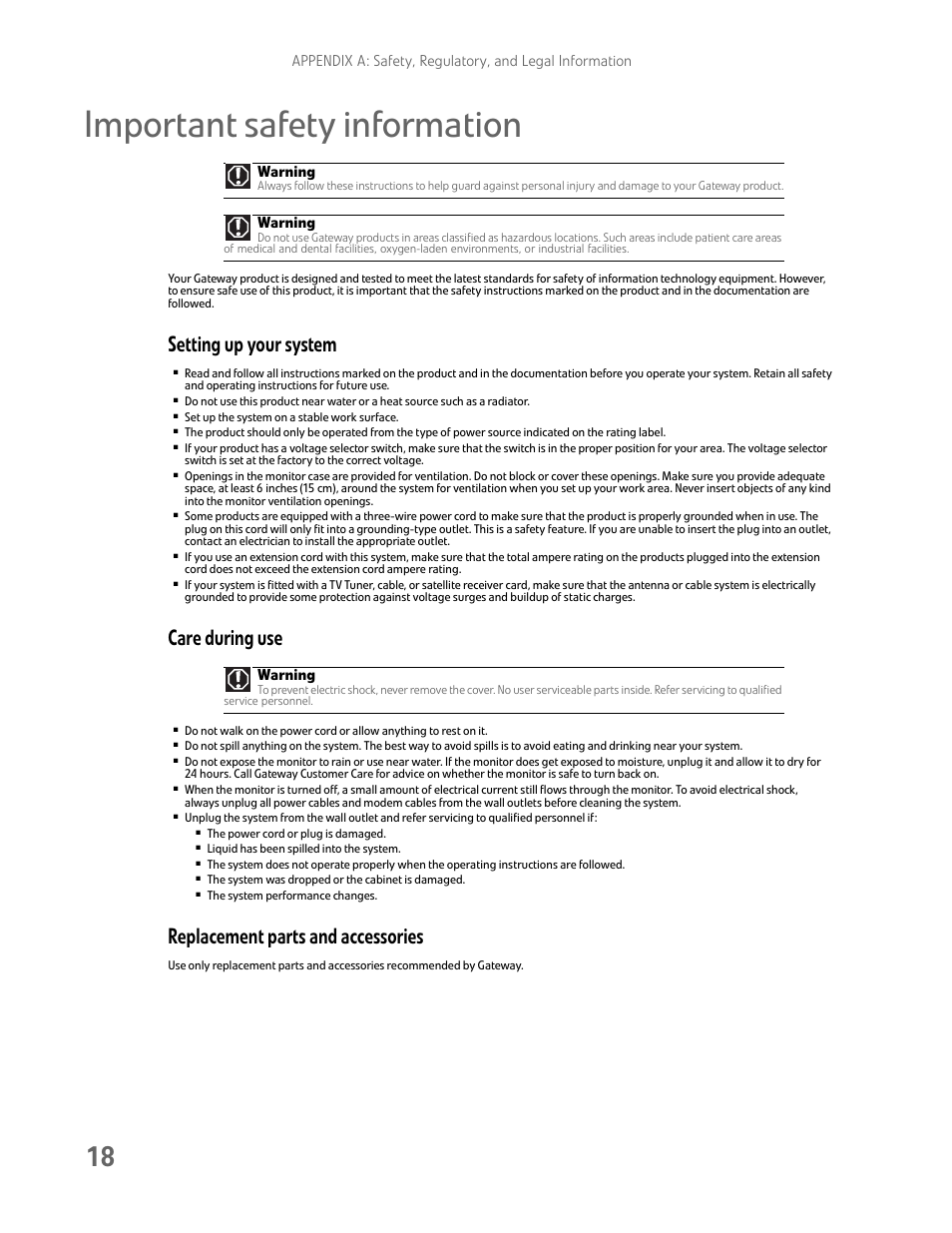 Important safety information, Setting up your system, Care during use | Replacement parts and accessories, Warning | Gateway FHX2300 User Manual | Page 22 / 26