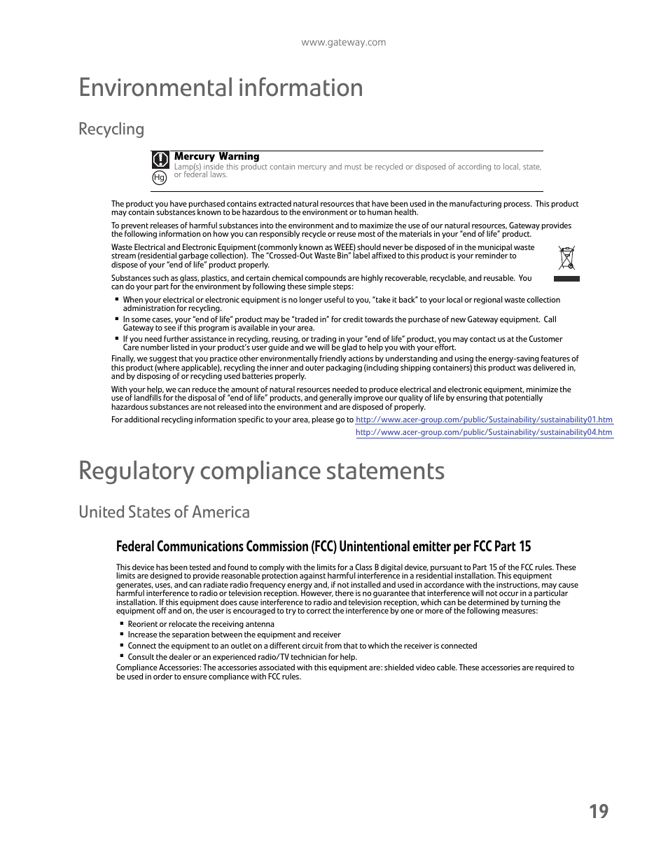 Environmental information, Regulatory compliance statements, Recycling | United states of america | Gateway FHX2300 User Manual | Page 23 / 26