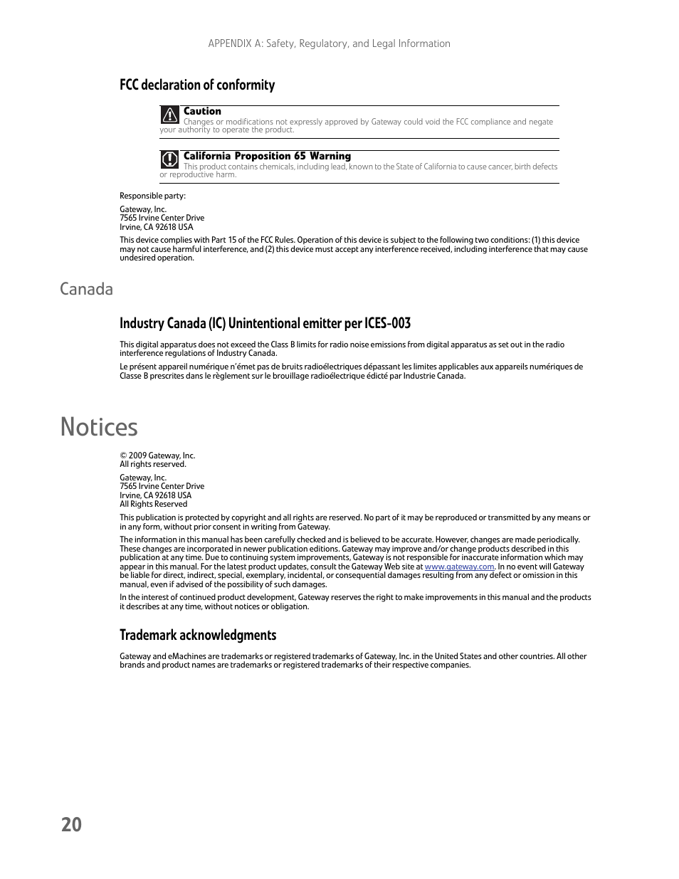 Notices, Canada, Fcc declaration of conformity | Trademark acknowledgments | Gateway FHX2300 User Manual | Page 24 / 26