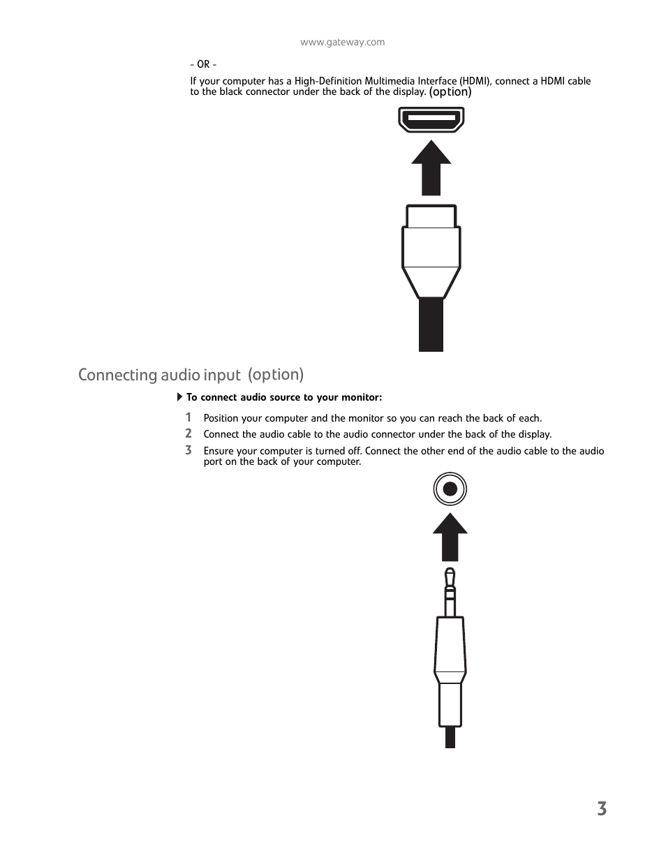Connecting audio input (only for vga/dvi input), To connect audio source to your monitor, Connecting audio input | Connecting audio input (option) | Gateway FHX2300 User Manual | Page 7 / 26