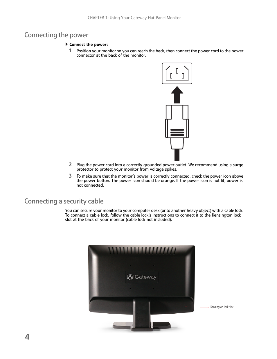 Connecting the power, Connect the power, Connecting a security cable | Connecting the power connecting a security cable | Gateway FHX2300 User Manual | Page 8 / 26