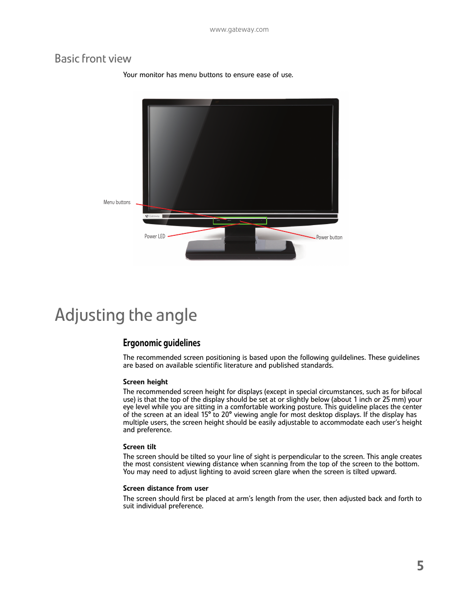 Basic front view, Adjusting the angle, Ergonomic guidelines | Screen height, Screen tilt, Screen distance from user | Gateway FHX2300 User Manual | Page 9 / 26
