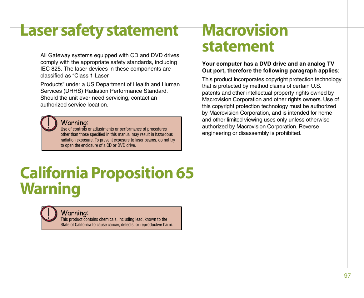 Laser safety statement, California proposition 65 warning, Macrovision statement | Gateway 610 User Manual | Page 103 / 108