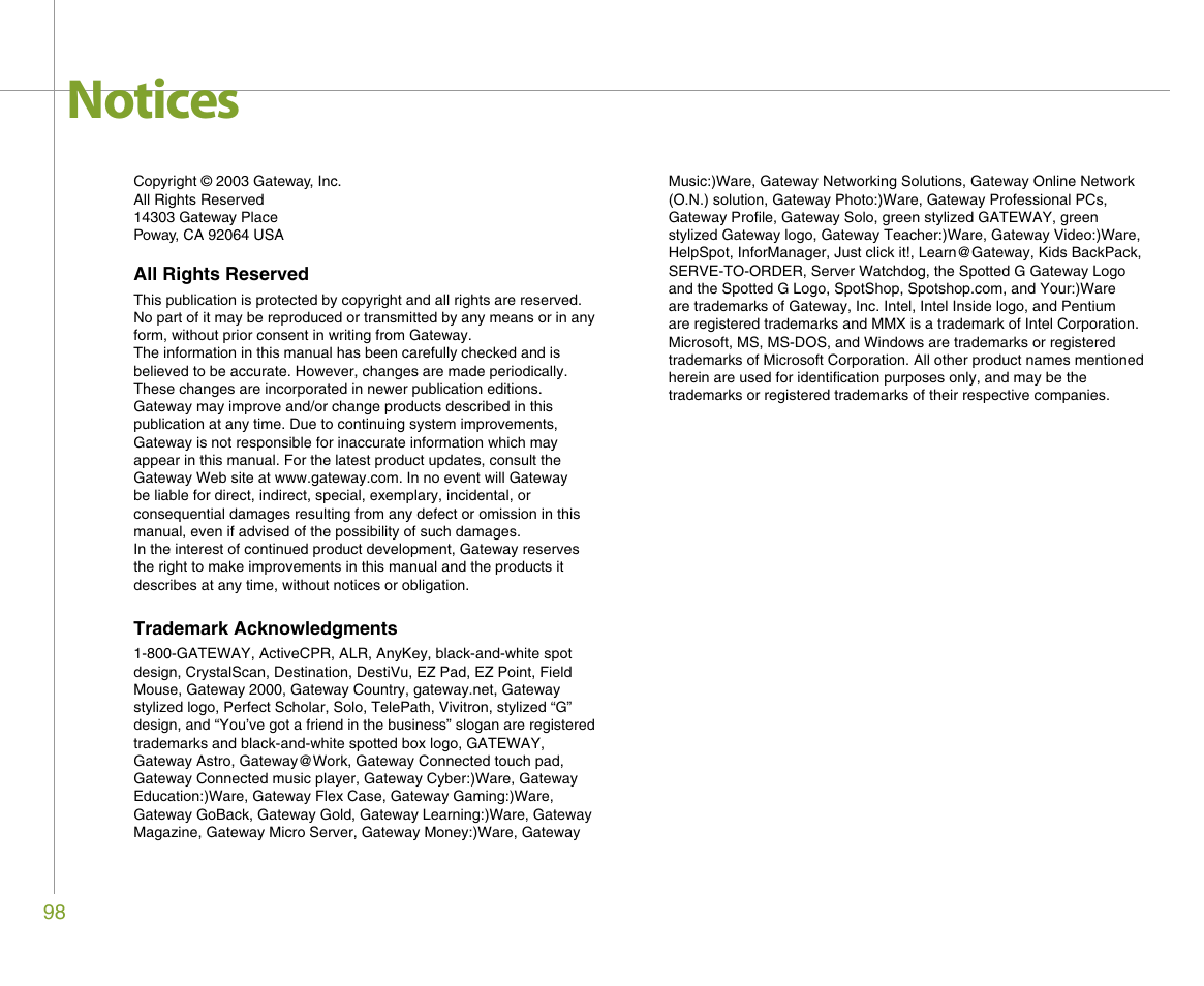Notices | Gateway 610 User Manual | Page 104 / 108