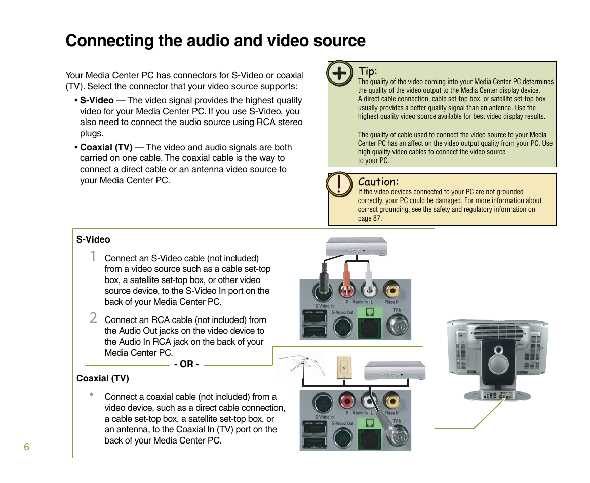 Connecting the audio and video source | Gateway 610 User Manual | Page 12 / 108