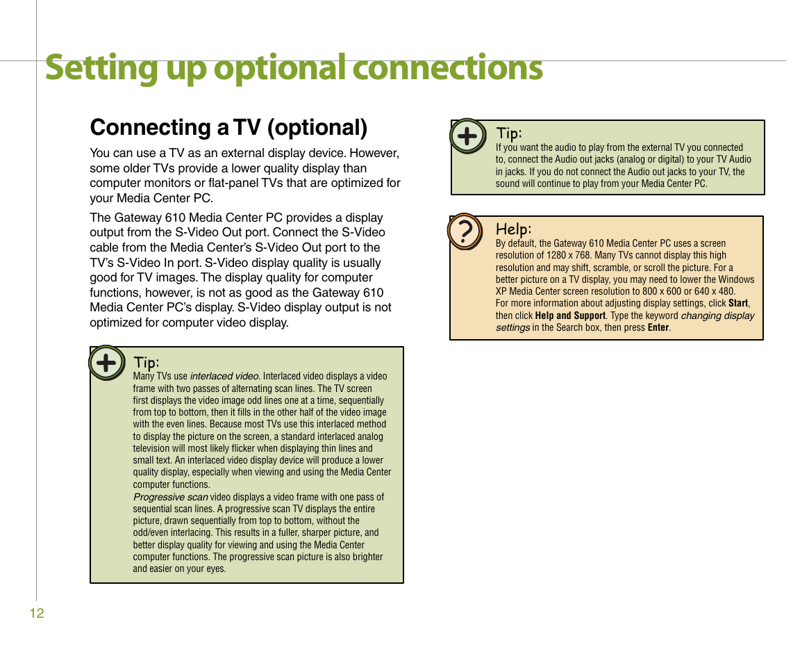 Setting up optional connections, Connecting a tv (optional) | Gateway 610 User Manual | Page 18 / 108