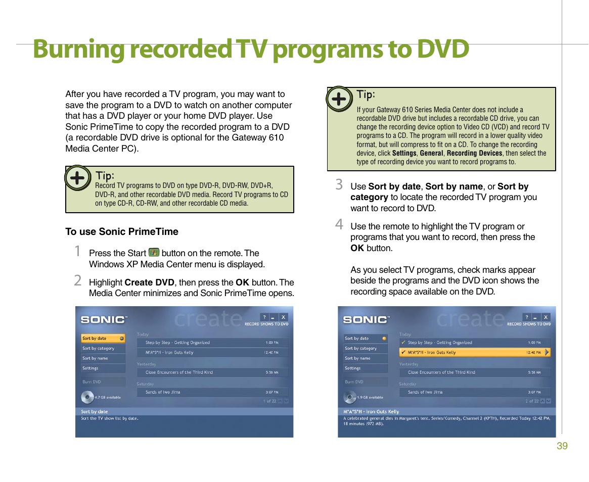 Burning recorded tv programs to dvd | Gateway 610 User Manual | Page 45 / 108