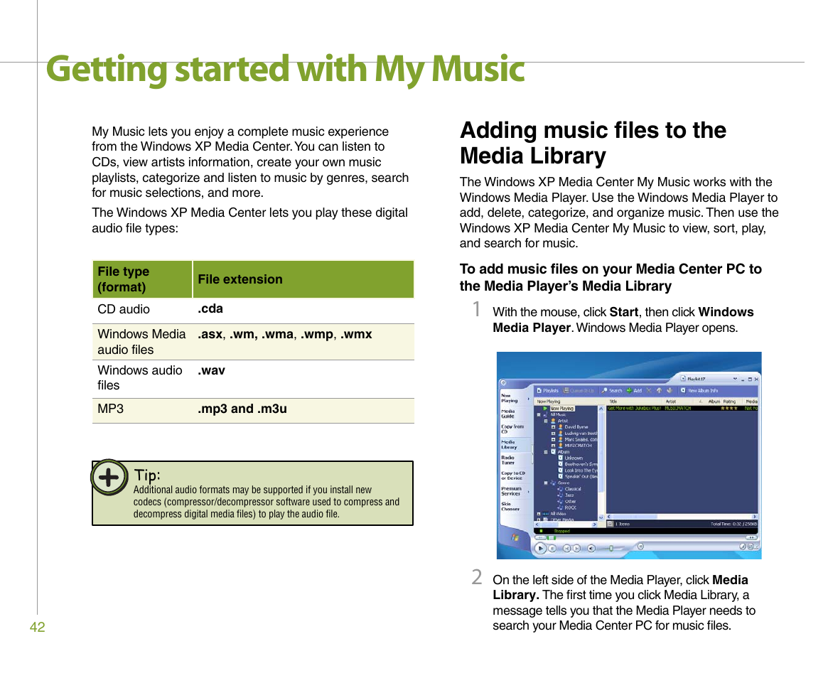 Getting started with my music, Adding music files to the media library | Gateway 610 User Manual | Page 48 / 108
