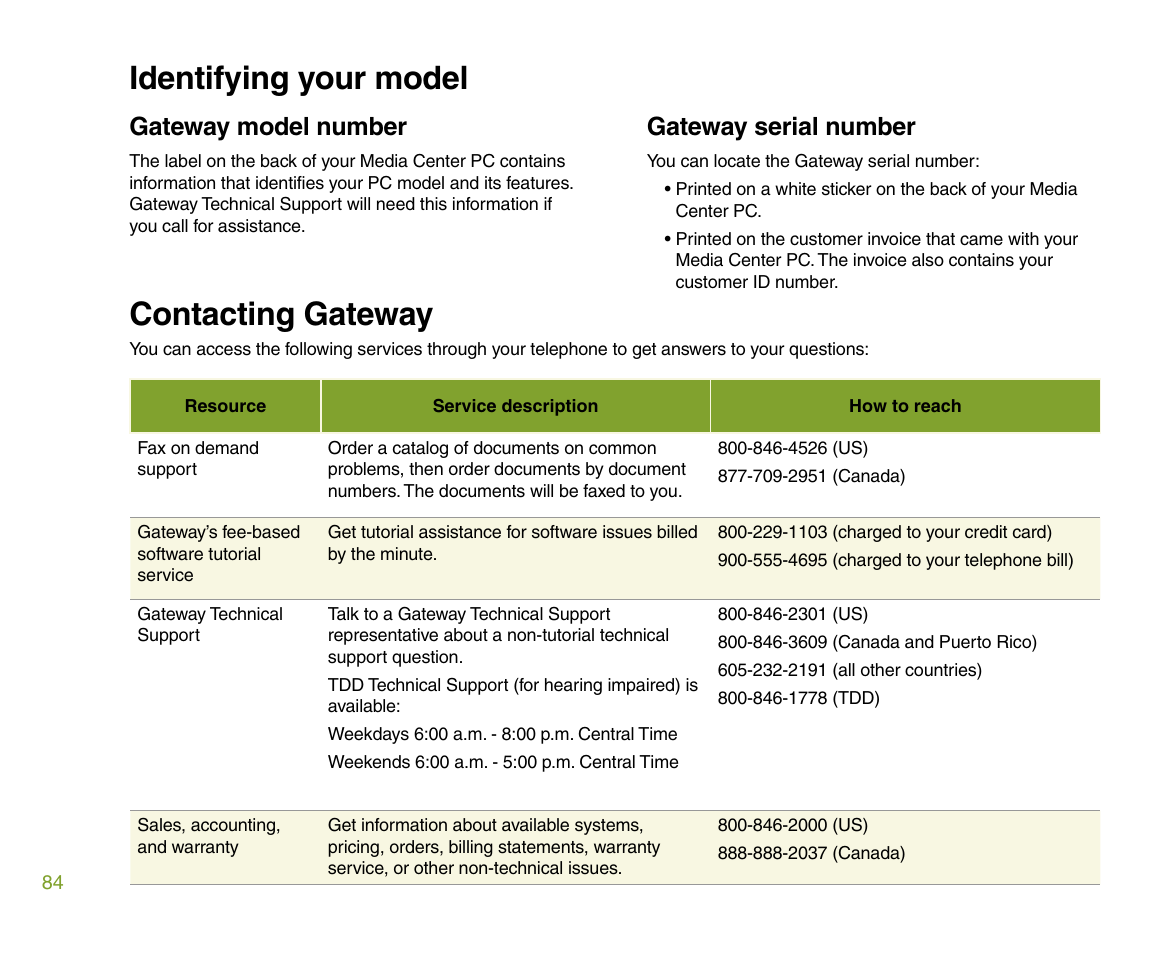 Contacting gateway, Identifying your model, Gateway model number | Gateway serial number | Gateway 610 User Manual | Page 90 / 108