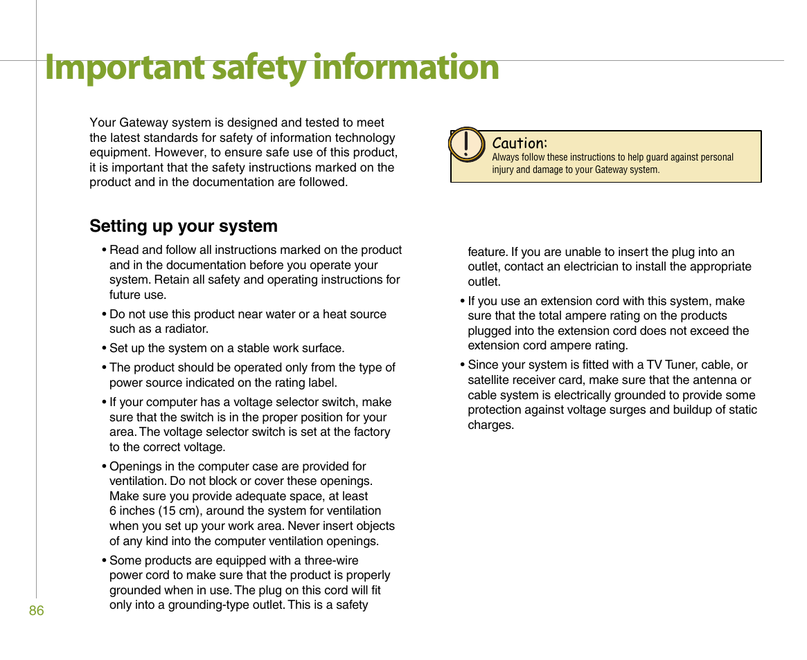 Important safety information, Setting up your system | Gateway 610 User Manual | Page 92 / 108