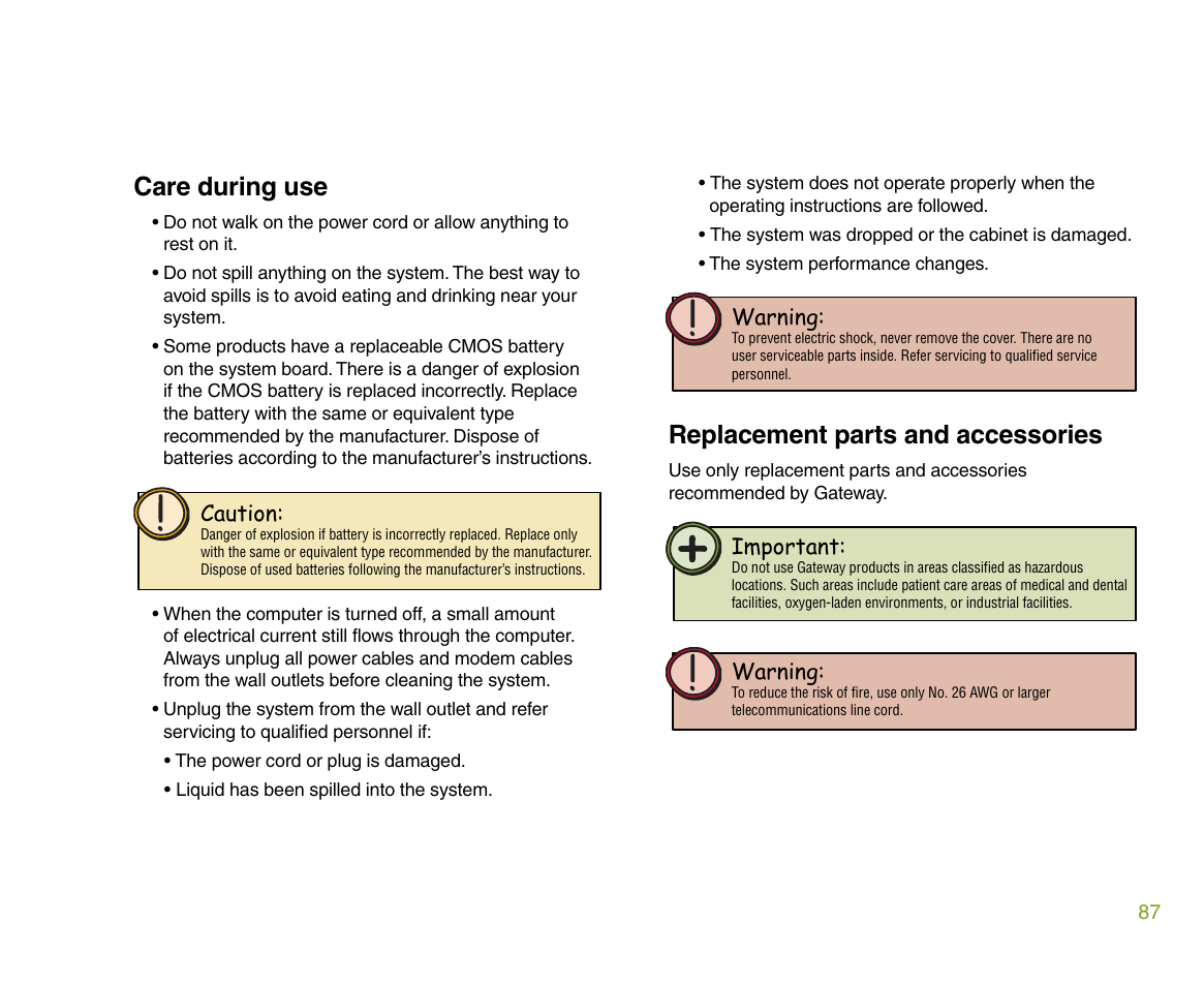 Replacement parts and accessories, Care during use | Gateway 610 User Manual | Page 93 / 108