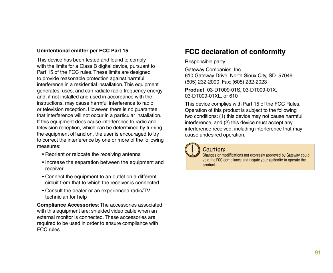 Fcc declaration of conformity | Gateway 610 User Manual | Page 97 / 108