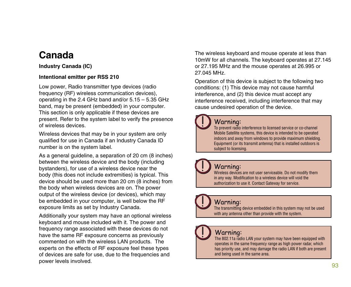 Canada | Gateway 610 User Manual | Page 99 / 108