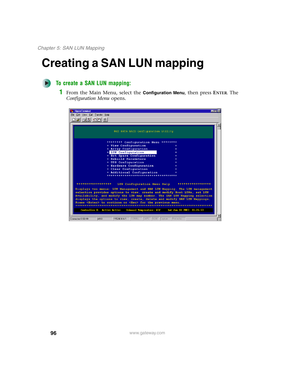 Creating a san lun mapping | Gateway 840 VT-100 User Manual | Page 101 / 250