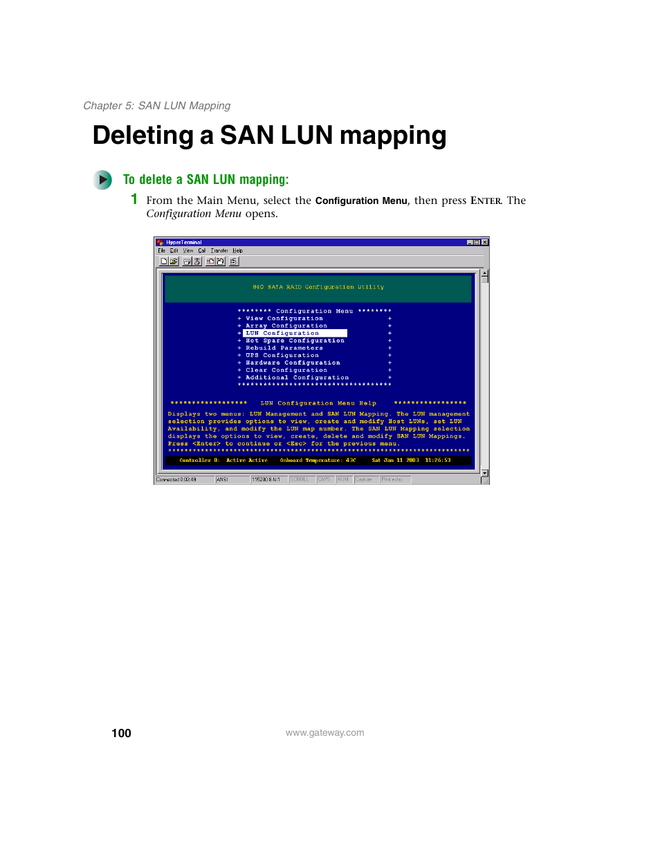 Deleting a san lun mapping | Gateway 840 VT-100 User Manual | Page 105 / 250