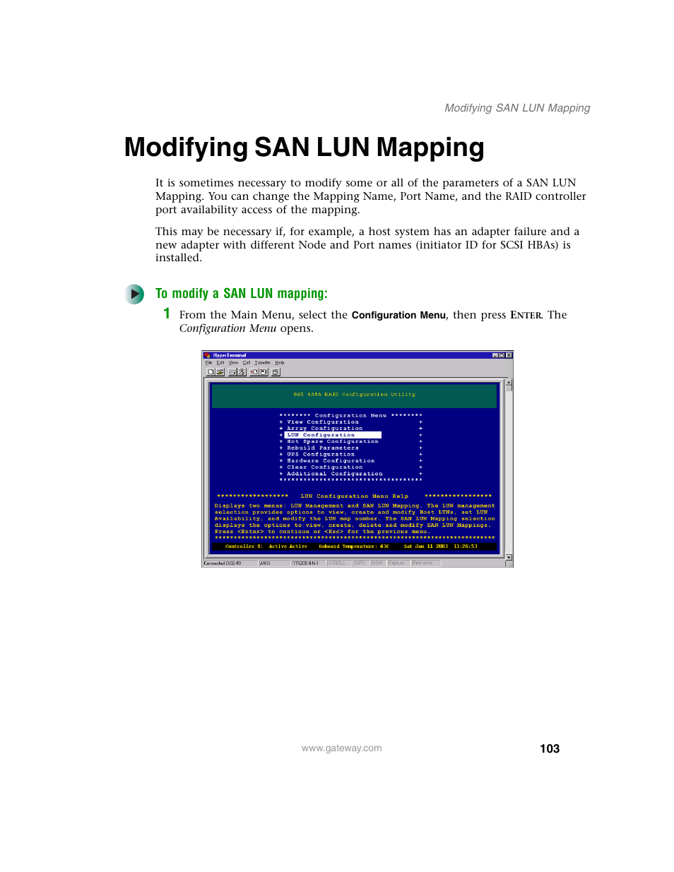 Modifying san lun mapping | Gateway 840 VT-100 User Manual | Page 108 / 250