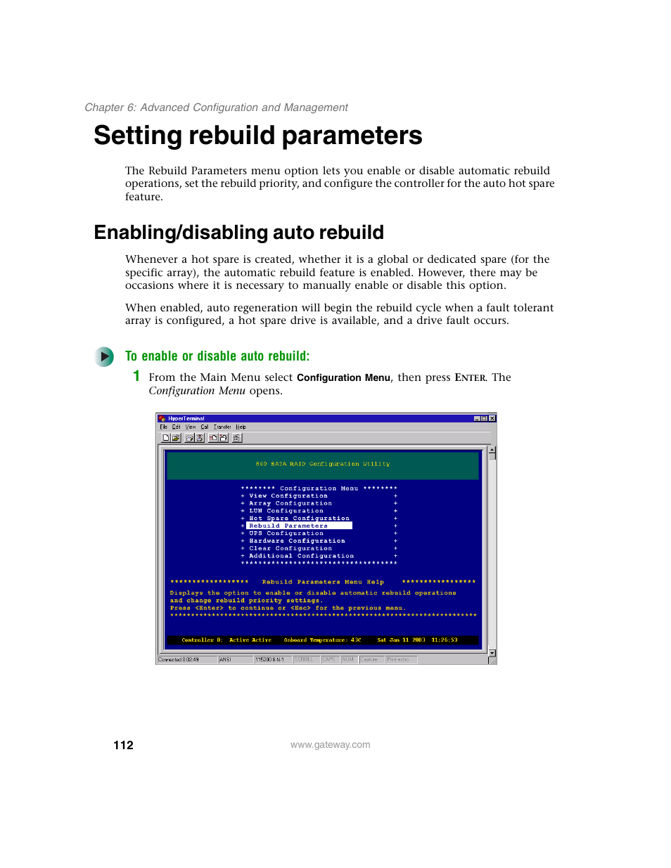 Setting rebuild parameters, Enabling/disabling auto rebuild | Gateway 840 VT-100 User Manual | Page 117 / 250