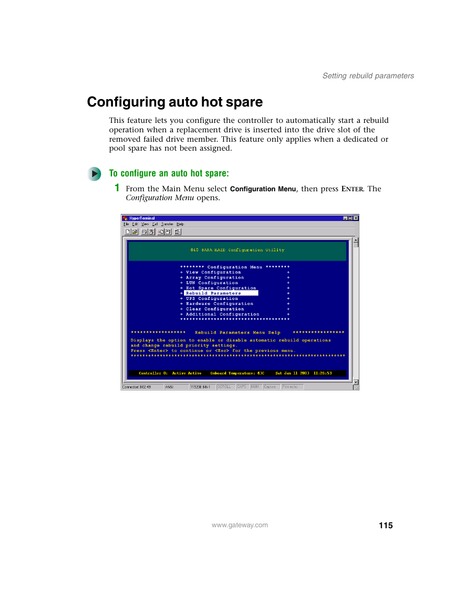 Configuring auto hot spare | Gateway 840 VT-100 User Manual | Page 120 / 250