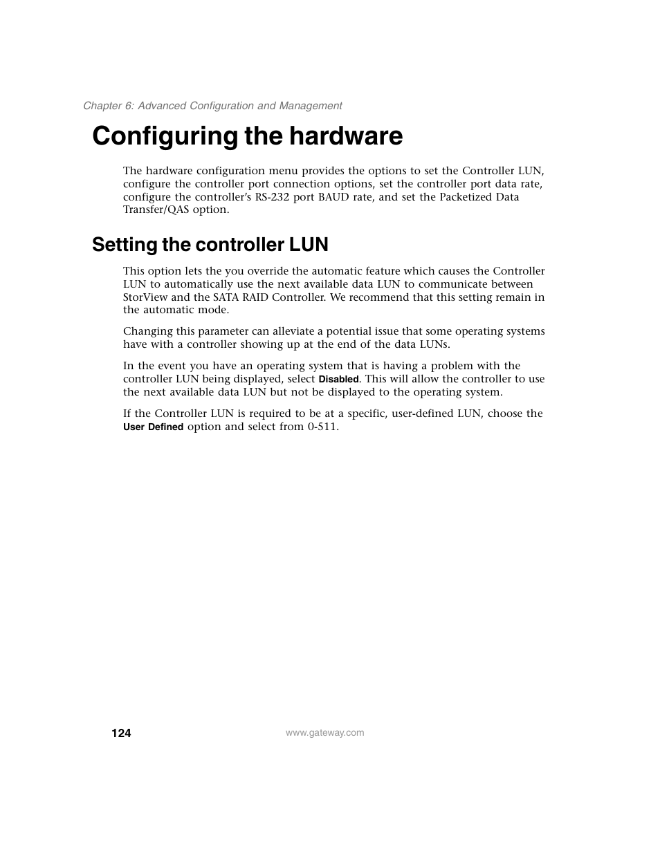 Configuring the hardware, Setting the controller lun | Gateway 840 VT-100 User Manual | Page 129 / 250