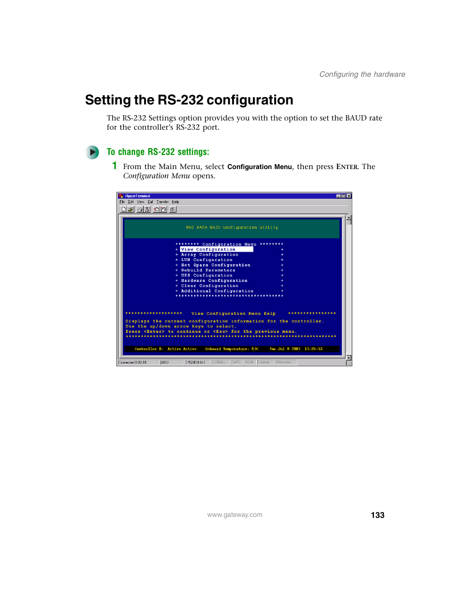 Setting the rs-232 configuration | Gateway 840 VT-100 User Manual | Page 138 / 250