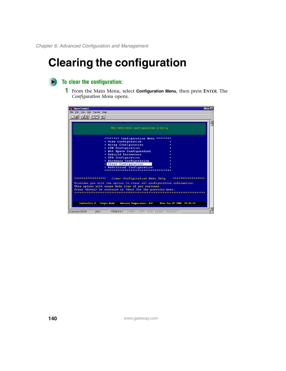 Clearing the configuration | Gateway 840 VT-100 User Manual | Page 145 / 250