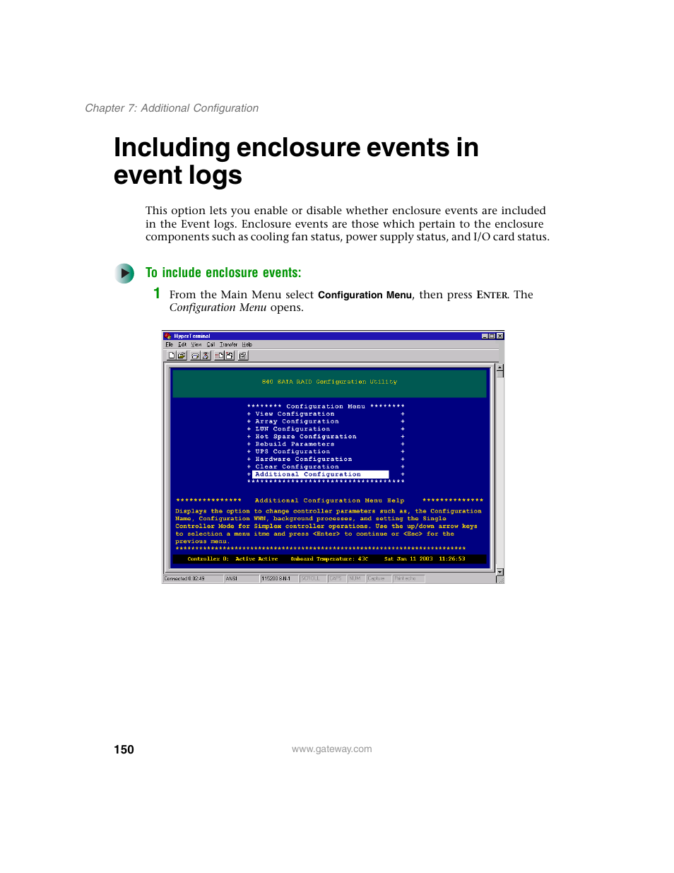 Including enclosure events in event logs | Gateway 840 VT-100 User Manual | Page 155 / 250