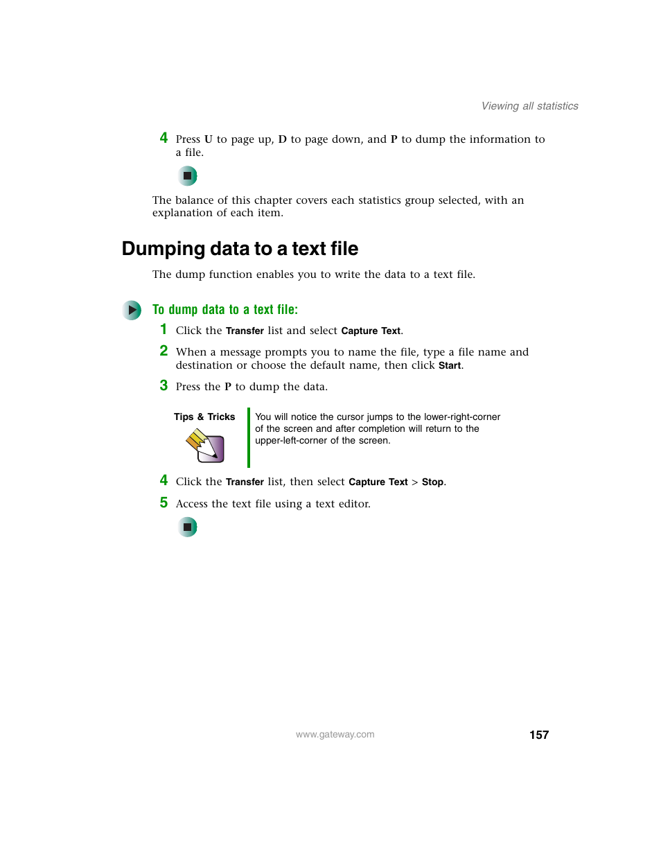 Dumping data to a text file | Gateway 840 VT-100 User Manual | Page 162 / 250